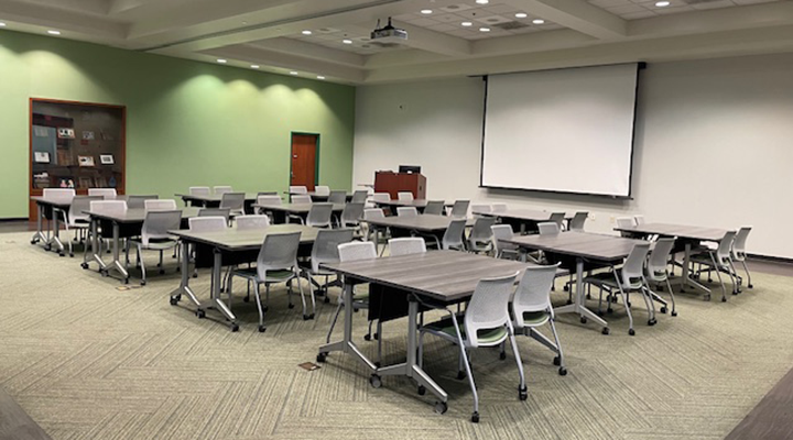 TECO Hall with empty tables and chairs