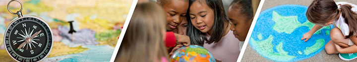 three image banner, compass with map, children working together with globe, girl drawing earth on sidewalk