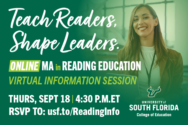 a woman smiling with a lanyard on her neck. The image reads teach readers, shape leaders. ONline MA in reading education virtual info session Thursday september 18th 4:30