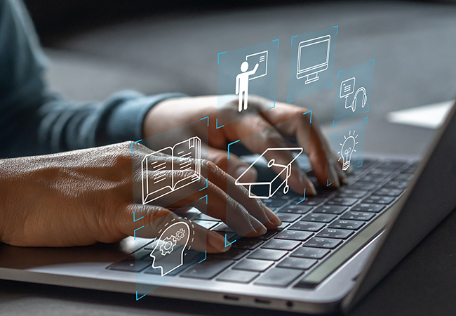 hands typing on keyboard with visual overlays