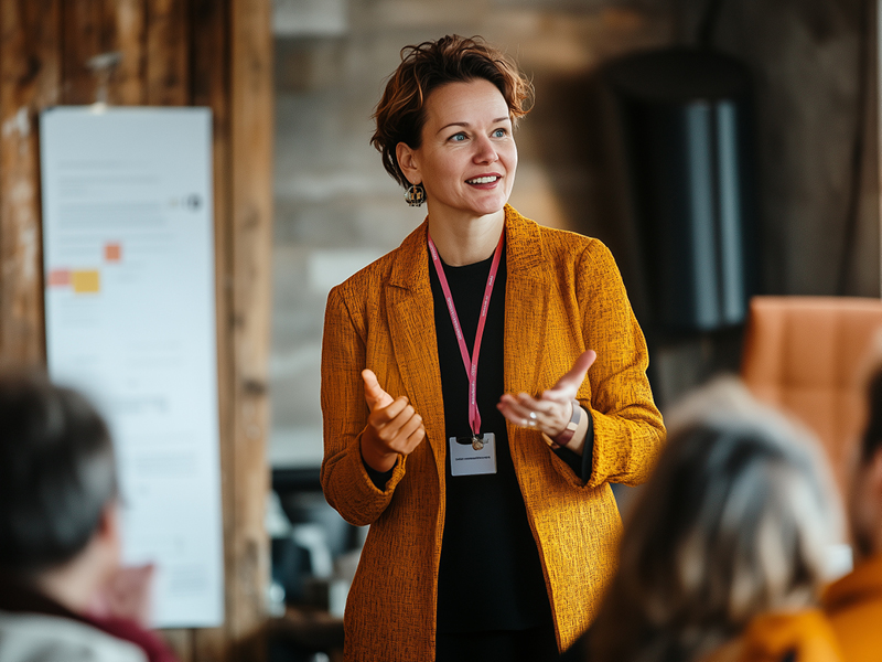 a professional business woman stands up giving a presentation