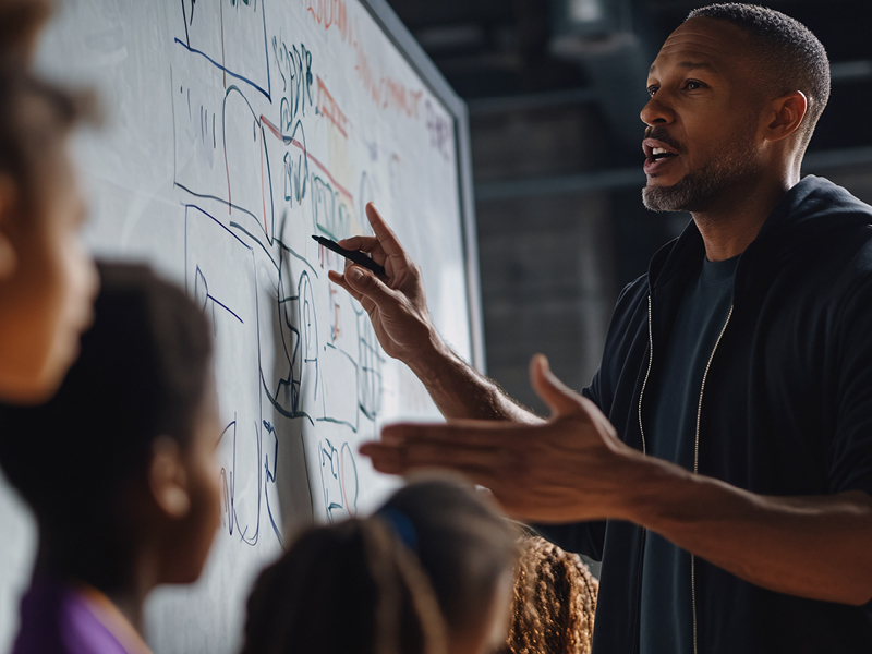 a male teacher writes on a white board during class