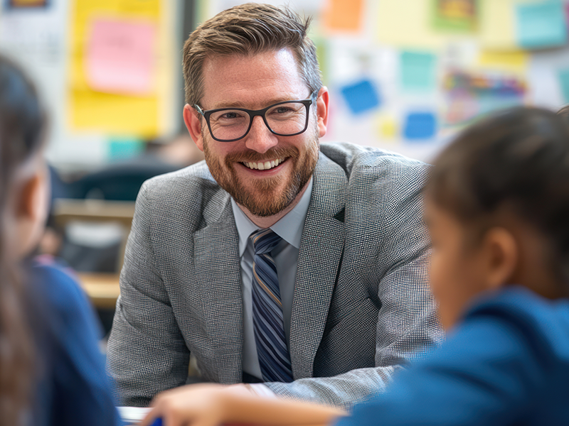 a close up of a male teacher smiling at camera with children around