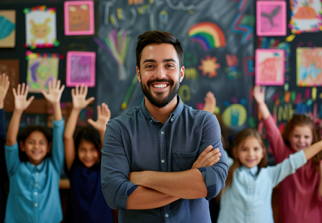 A male teacher smiles with arms crossed looking at camera with young students behind him holding up their hands and smiling