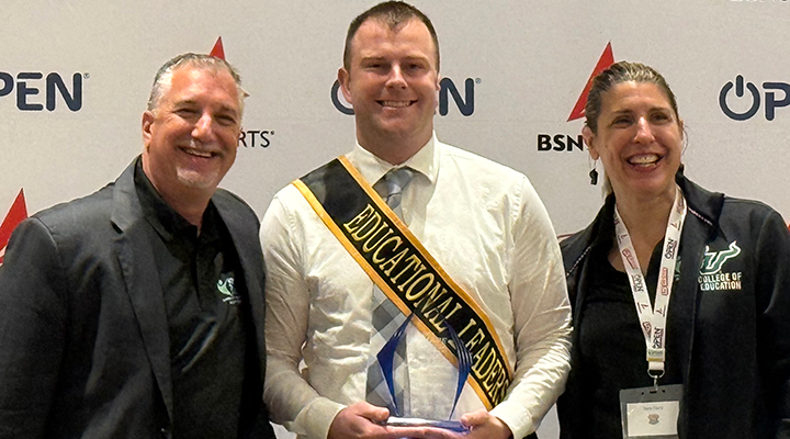 Education Leadership Award Winner (Craig Nieman) with USF Faculty member Sara Flory and Eric Stern (SHAPE Florida President and Executive Director)
