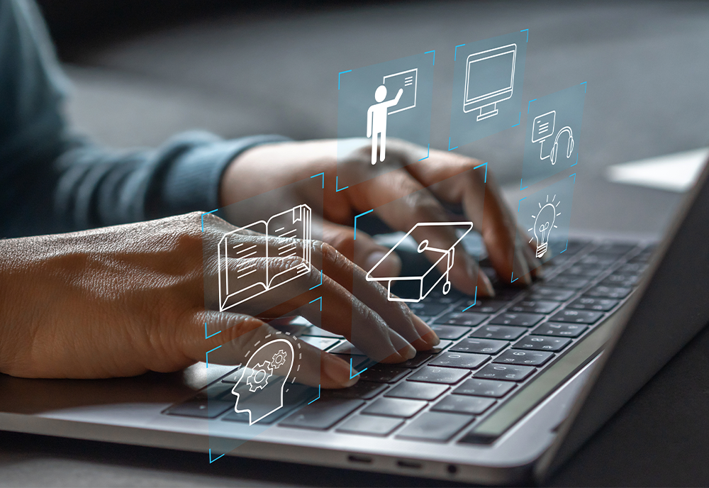 hands hovering over keyboard with graphics of teaching