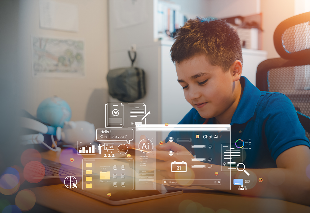 Child using a tablet and an AI hologram over