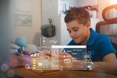 Child using a tablet and an AI hologram over