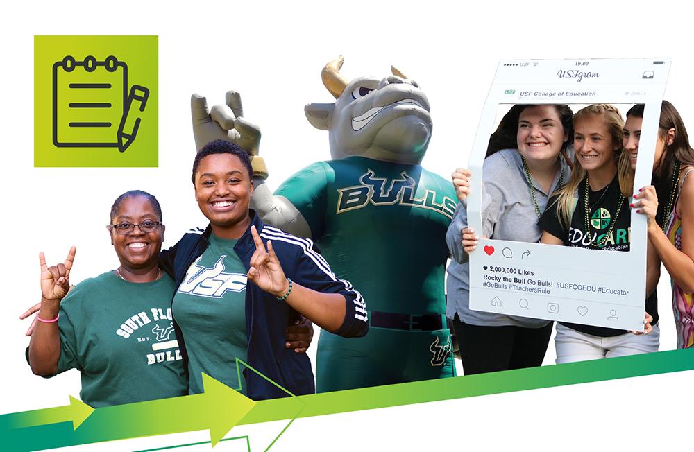 collage of Rocky with students posing for photos