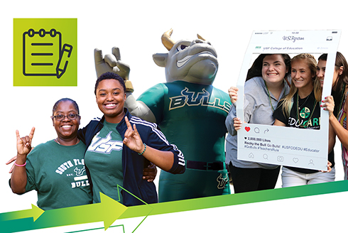 collage of Rocky with students posing for photos