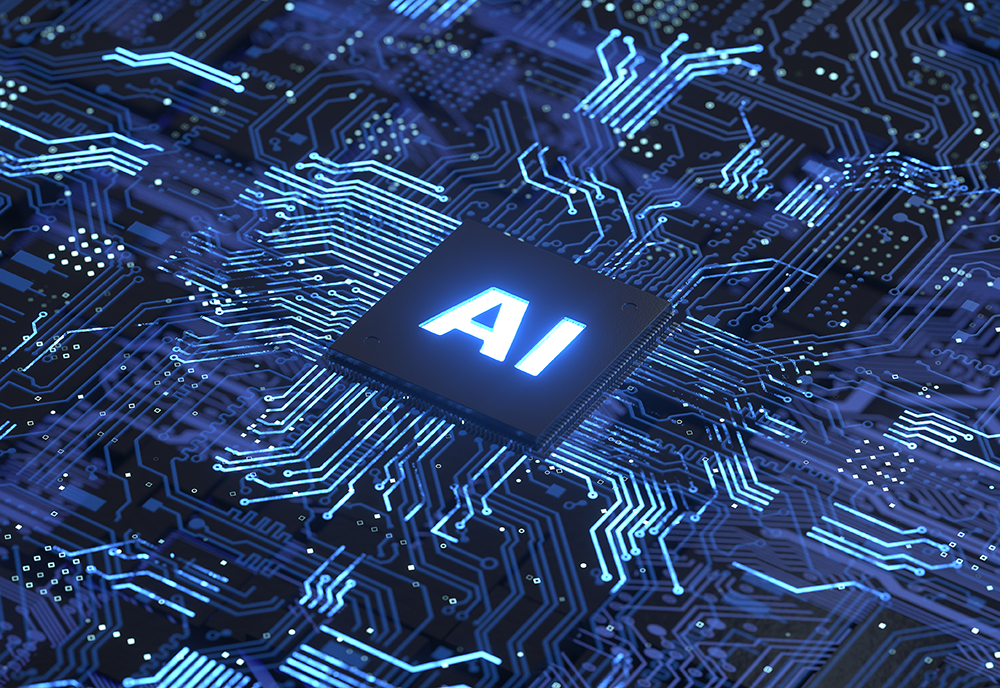 AI computer chip with bright blue circuitry 