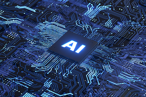 AI computer chip with bright blue circuitry