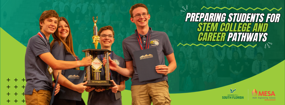 Four students with trophy text reading "Preparing students for STEM college and career pathways"