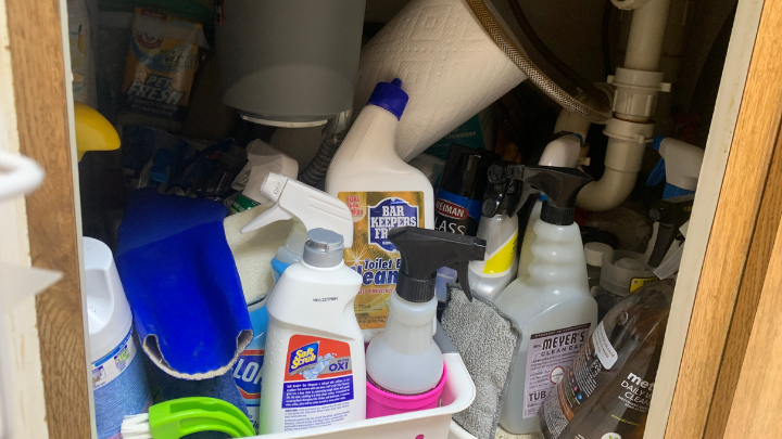 Household cleaners under sink