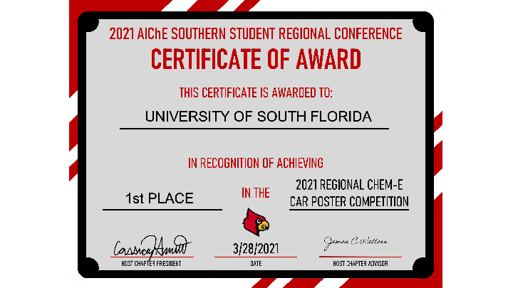 2021 USF AIChE Chem-E-Car Poster Certificate