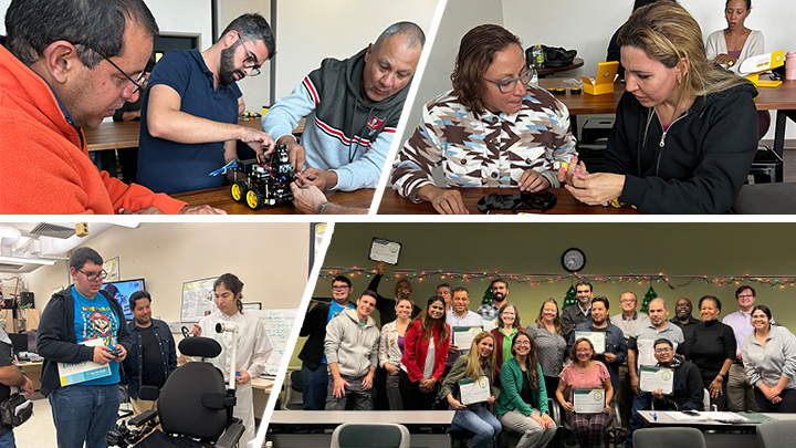 Collage of students and staff working on manufacturing projects.