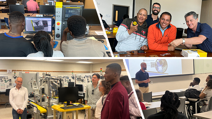 Collage of students and staff working on manufacturing projects.