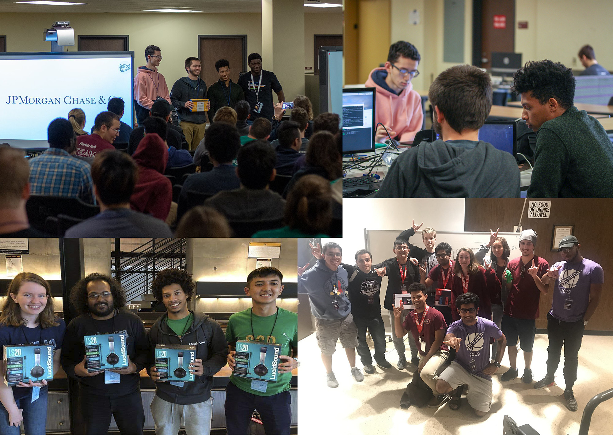 Willie McClinton (right of top right photo) has traveled to hackathons across the U.S. with the USF Society of Competitive Programmers and recently won first prize at UCF’s Knight Hacks 2019 (bottom right), as well as sponsor prizes at USF’s Hackabull 2019 (top left) and Caltech’s Cal Hacks 5.0 2018 (bottom left).