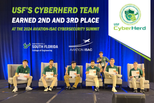 USF’s CyberHerd Team on stage at 2024 Aviation Information Sharing and Analysis Center (A-ISAC) Cybersecurity Summit