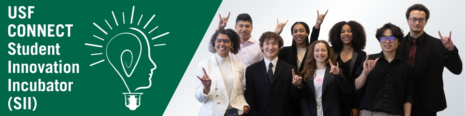 student innovation incubator student cohort in suites making the USF Bulls sign with their hands