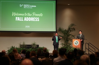 At the Provost's Fall Address, Drs. Mohapatra and Simmons