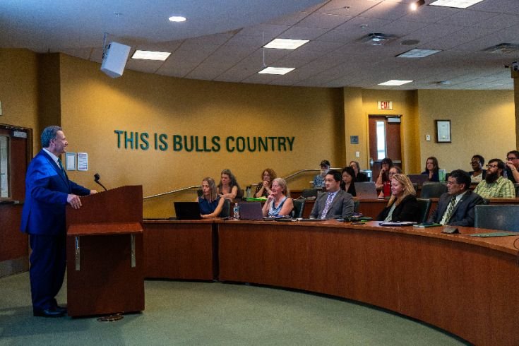 Senators listen as FS President Simmons and USF President Limayem address the Faculty Senate during President Limayem’s second day in office, February 18, 2026.