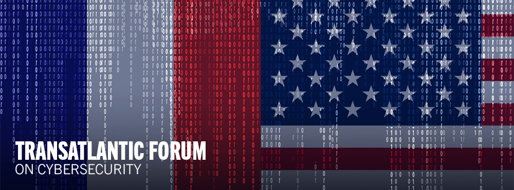 Shaded images of the national flags of France and the United States, with multiple vertical columns of digital data overland. Text stating "Transatlantic Forum on Cybersecurity"
