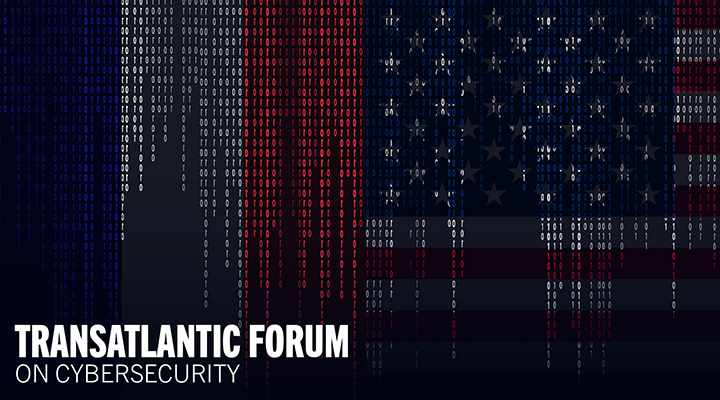The flags of the United States and France floating overlaid with multiple digitial streams of numbers and text of "Transatlantic Forum on Cybersecurity"
