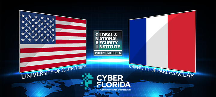 The flags of the United States and France floating over a dark flourescent blue global map