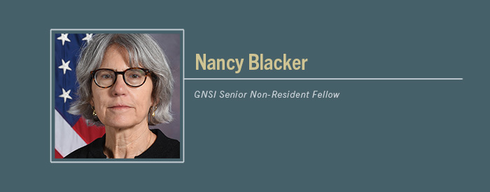 Nancy Blacker, PhD with text GNSI Senior Non-Resident Fellow
