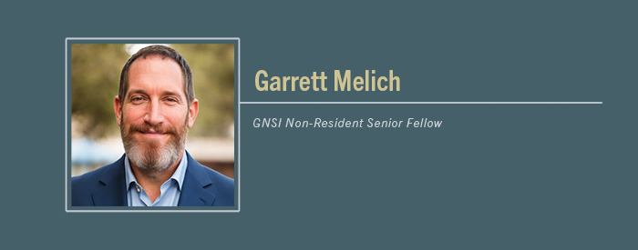 Garrett Melich headshot with Text “GNSI Senior Non-Resident Fellow”