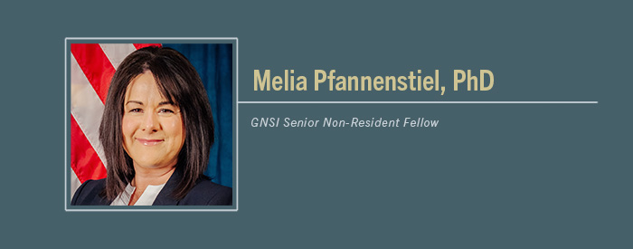Melia Pfannenstiel with text "GNSI Senior Non-Resident Fellow"