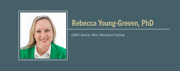 Beck Young-Greven, PhD headshot with text "GNSI Senior Non-Resident Fellow""
