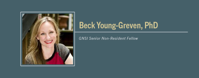 Beck Young-Greven, PhD headshot with text "GNSI Senior Non-Resident Fellow""