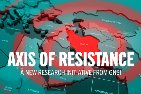Map of Middle East with red spiralling target emanating from Iran with overlaid text: Axis of Resistance A New Research Initiative from GNSI