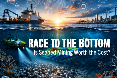 Depiction of sea bed mining showing polymetallic nodules on the ocean floor, deep sea submersibles and surface vessel, with overlaid text: Race to the Bottom: Is Seabed Mining Worth the Cost?
