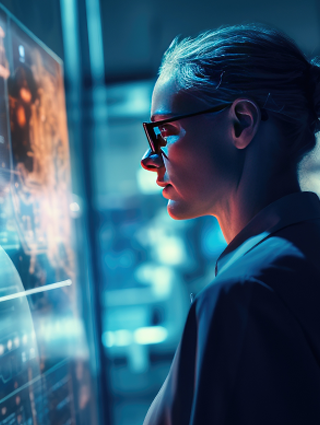 Middle aged woman studying a digital display in a laboratory