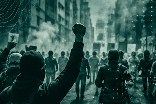 Rendering of citizens protesting in fictional city