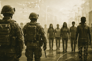 artist's rendering of soldiers interacting with citizens