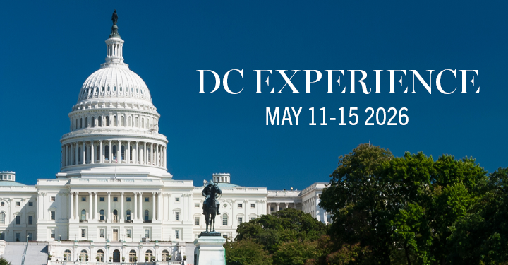 Skyline view of capitol building in Washington, DC  with overlaid text "DC Experience May 11-15, 2026)