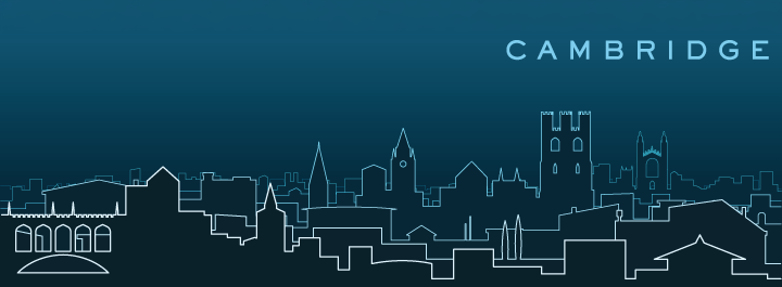 Flourescent blue sketch illustration of the skyline of Cambridge, England against a deep blue gradient background