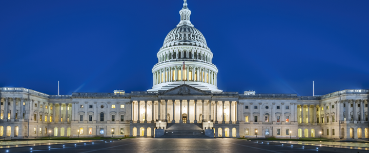 Nightime view of the U.S. Capitol Building in Washington, DC
