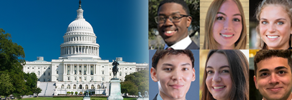 The capitol building in Washington, DC with photographs of six students selected for GNSI DC Experience