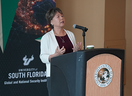 Dr. Stefanie Tompkins speaks at her presentation to USF faculty, staff and students, September 29, 2023