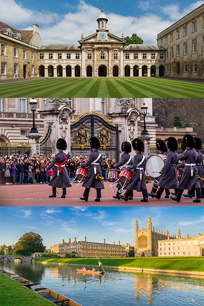 Collage of the Emmanuel College, Royal Guards at the Buckingham Palaca, and Canbridge