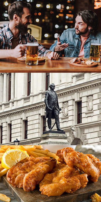 Images of people talking in pub, Robert Clive's statue and Churchill War Rooms, and fish and chips