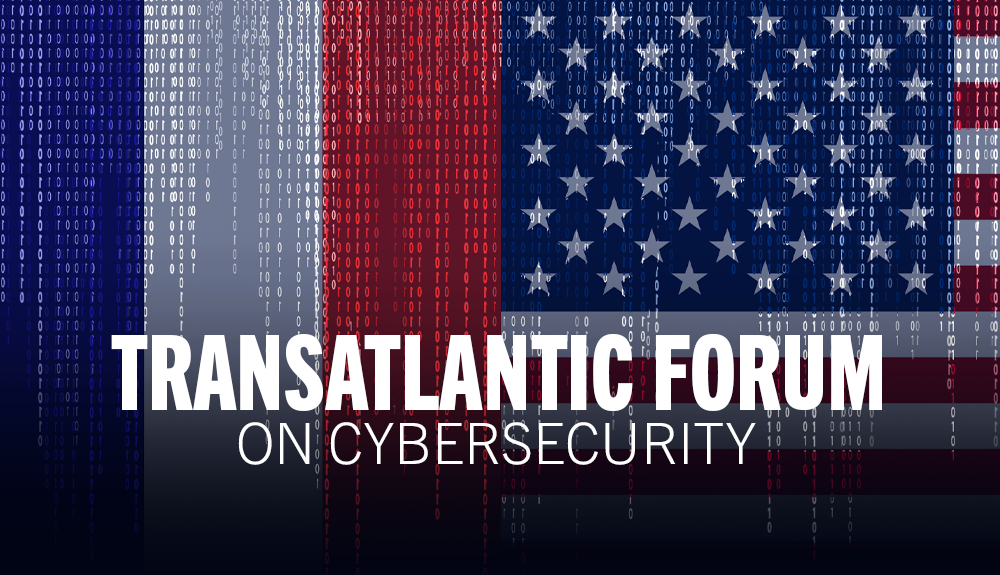 The USA and French flags showing faint binary code running vertically in multiple columns, and overlaid text stating "Transatlantic Forum on Cybersecurity"