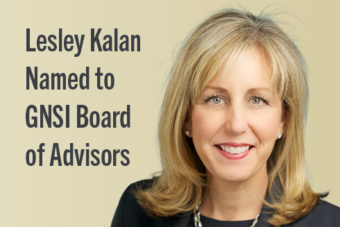 Lesley Kalan, the newest member of the GNSI Board of Advisors, with the overlaid text headline: Lesley Kalan Named to GNSI Board of Advisors