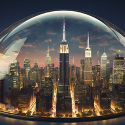 AI generated image of a ficticious golden-edged shield towering above a ficticious American city