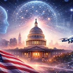Infographic depicting the US capitol building, the American flag, a drone and other technological factors